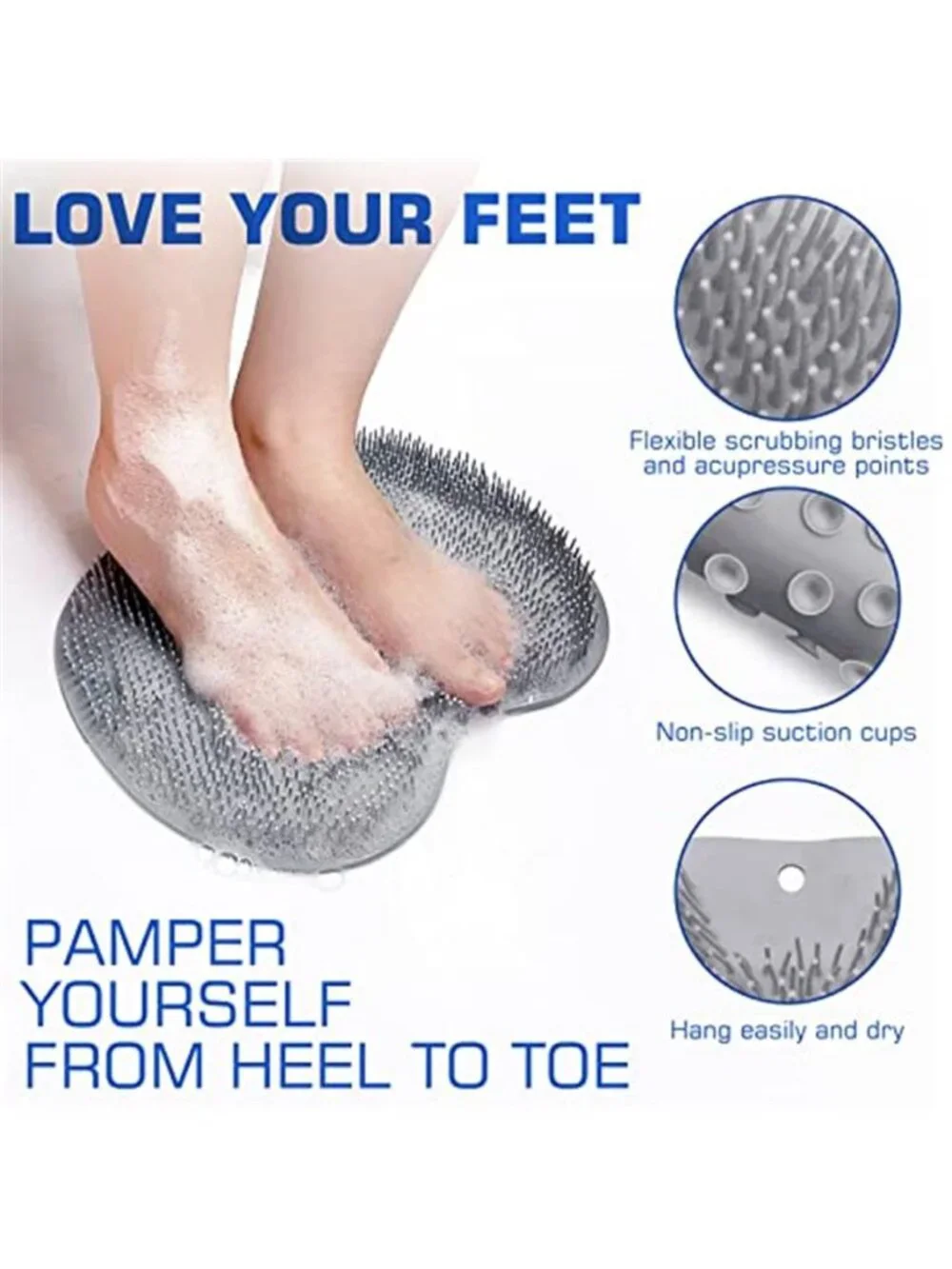 Silicone Shower Foot Scrubber Mat Massager Exfoliating Brush Suction Cups Gray